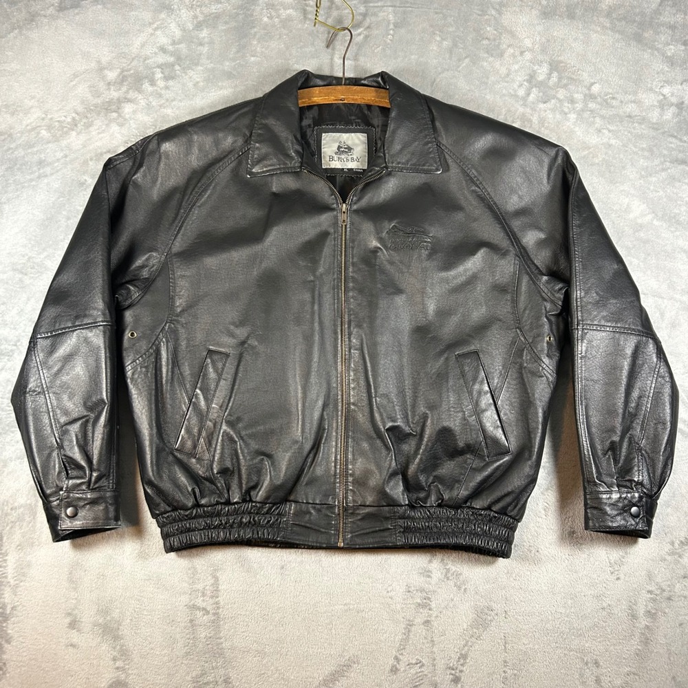 Burks Bay Mens XL Black Leather Bomber Jacket Bombardier Global Aviation Logo